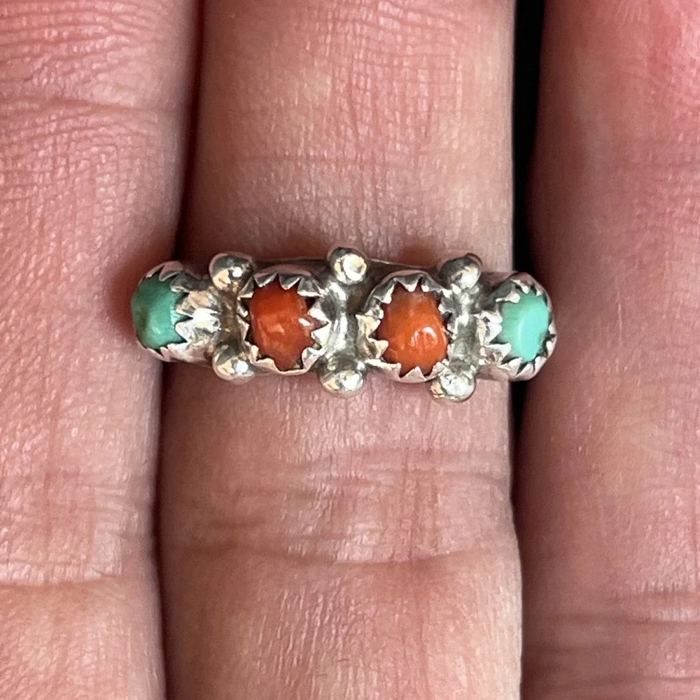 VTG Native American Sterling Silver Turquoise Coral Band Ring Sz 6.25 Handmade